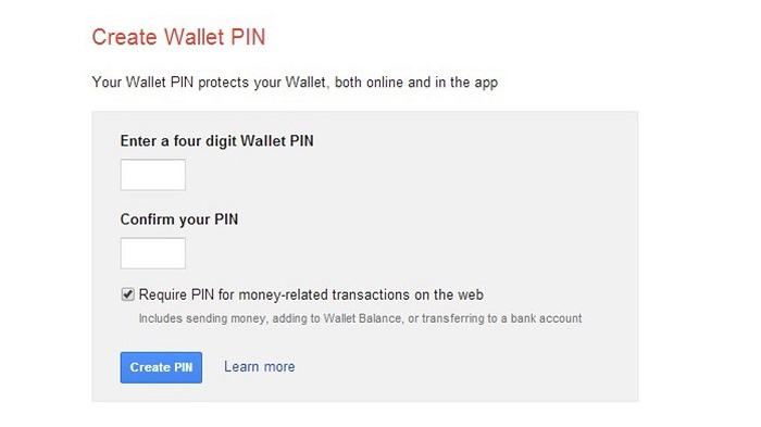Xác nhận mã pin của ví điện tử google wallet